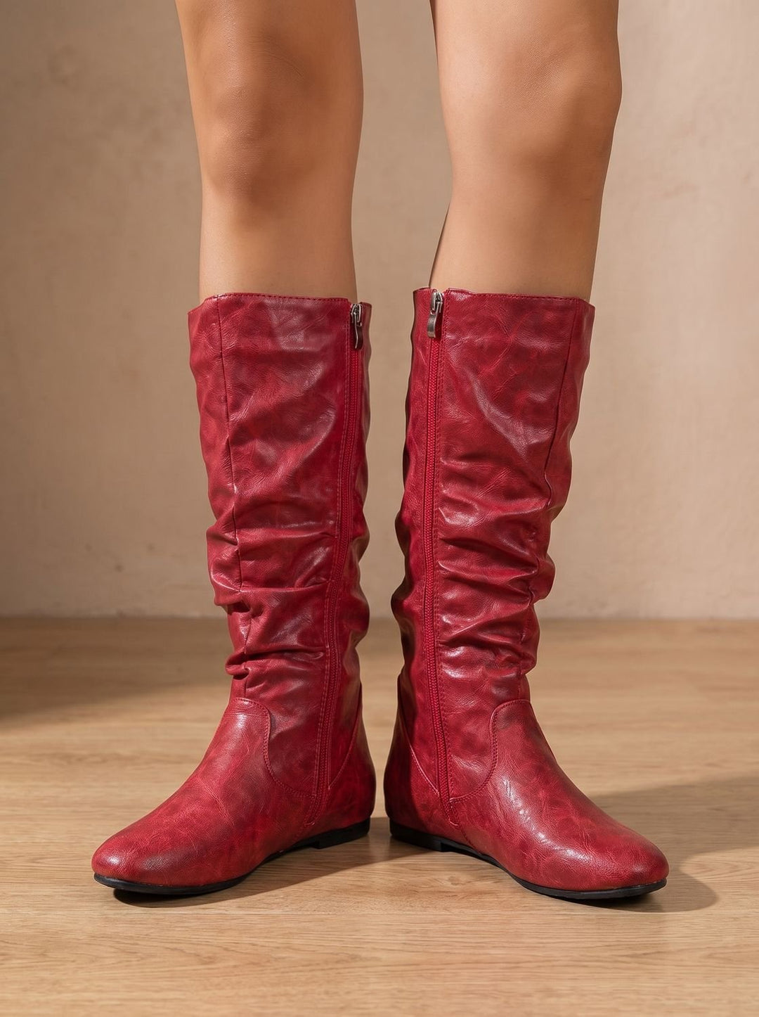 Women's Flat Knee High Boots Gathered-Shaft Side-Zip Round-Toe
