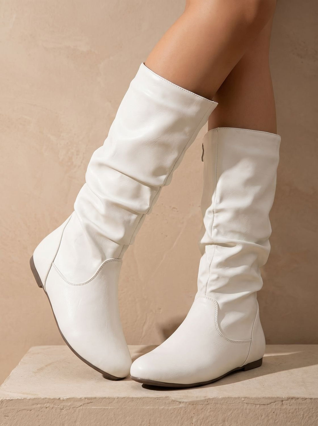 Women's Flat Knee High Boots Gathered-Shaft Side-Zip Round-Toe