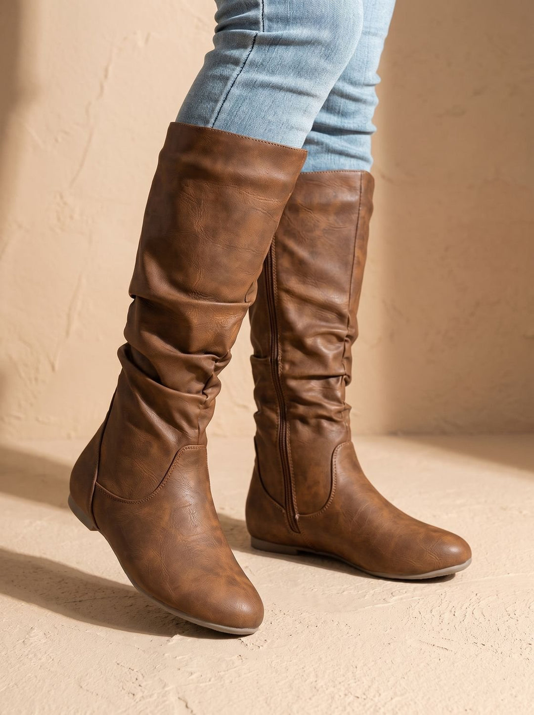 Women's Flat Knee High Boots Gathered-Shaft Side-Zip Round-Toe