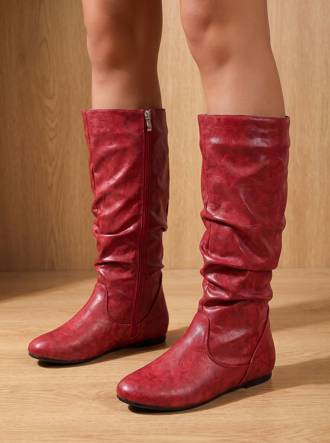 Women's Flat Knee High Boots Gathered-Shaft Side-Zip Round-Toe