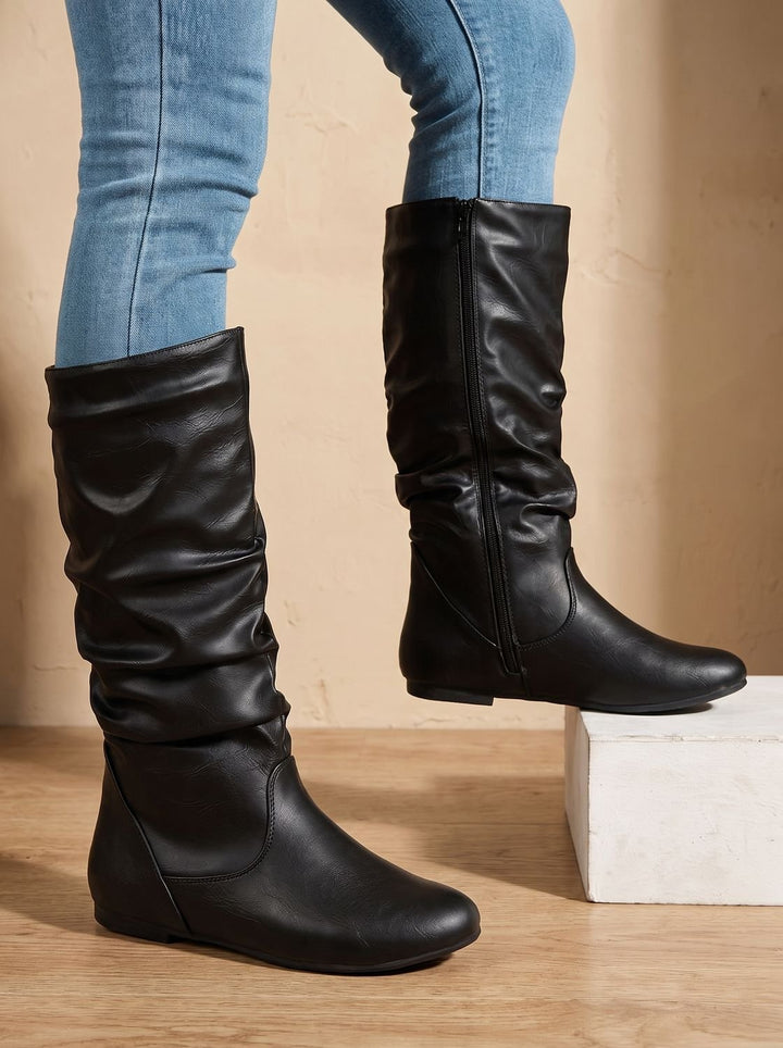 Women's Flat Knee High Boots Gathered-Shaft Side-Zip Round-Toe
