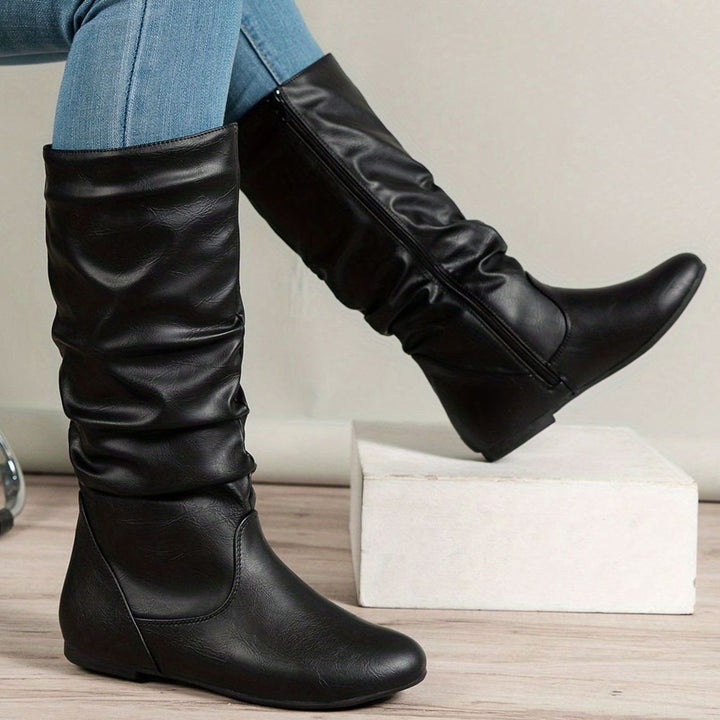 Women's Flat Slouched Mid-Calf Boots Side-Zip - Black