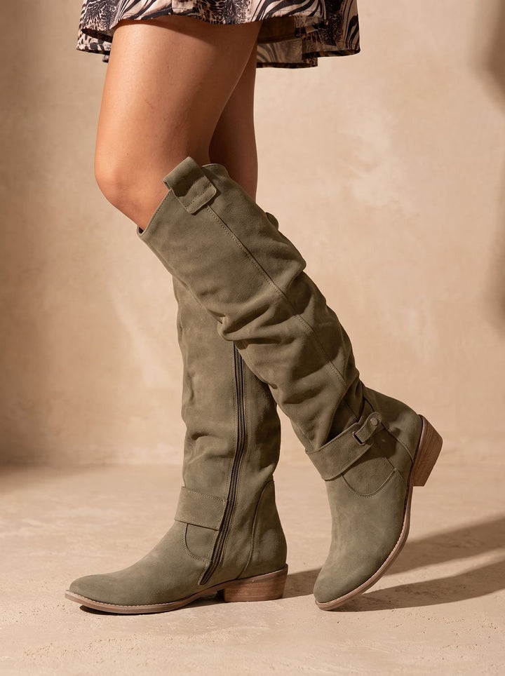 Women's Flat Slouchy Knee High Boots Side Zip Suede - Green