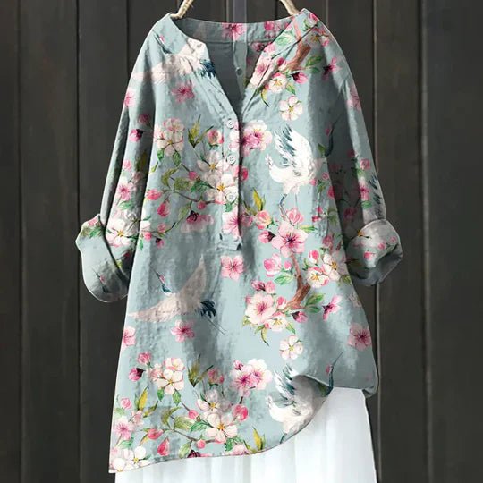 Joan │ Women's Linen Floral V-Neck Long Sleeve Blouse