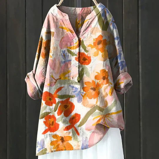 Joan │ Women's Linen Floral V-Neck Long Sleeve Blouse