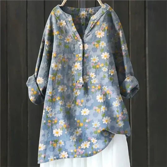 Joan │ Women's Linen Floral V-Neck Long Sleeve Blouse