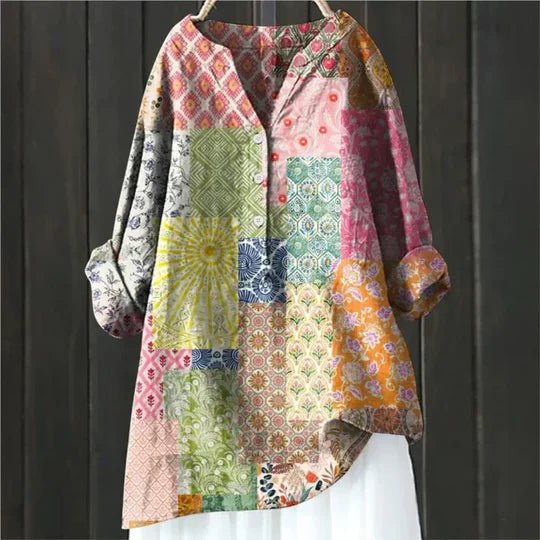 Joan │ Women's Linen Floral V-Neck Long Sleeve Blouse