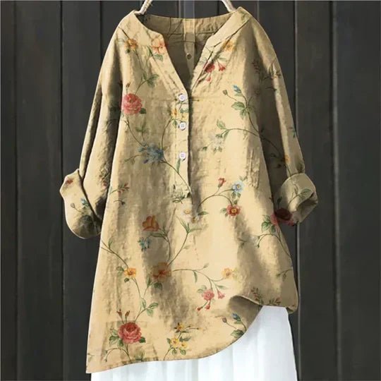 Joan │ Women's Linen Floral V-Neck Long Sleeve Blouse