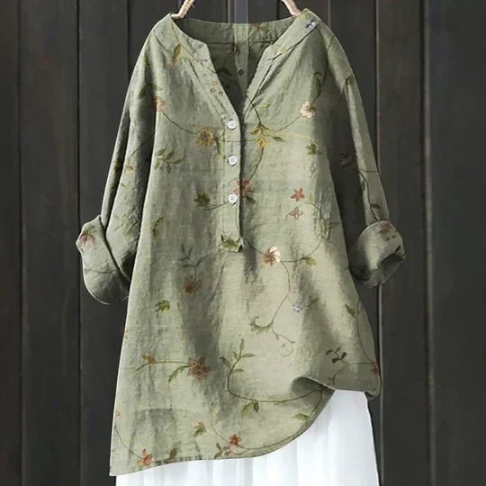 Joan │ Women's Linen Floral V-Neck Long Sleeve Blouse