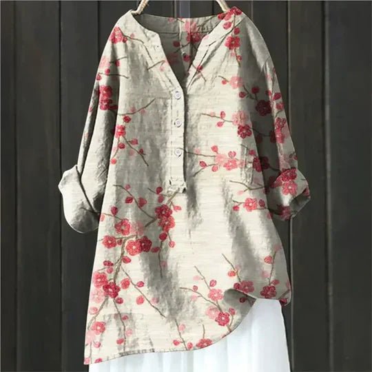 Joan │ Women's Linen Floral V-Neck Long Sleeve Blouse