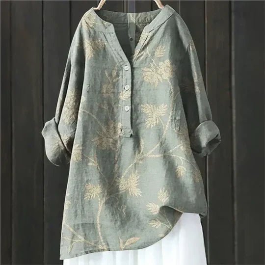 Joan │ Women's Linen Floral V-Neck Long Sleeve Blouse