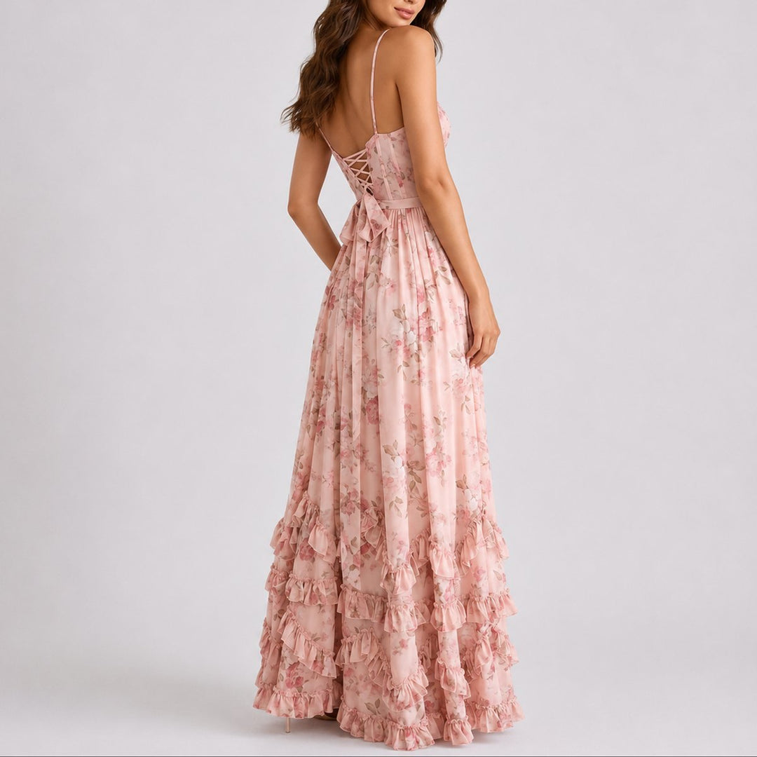 Women's Floral Corset Fall Wedding Guest Maxi Dress Ruffled