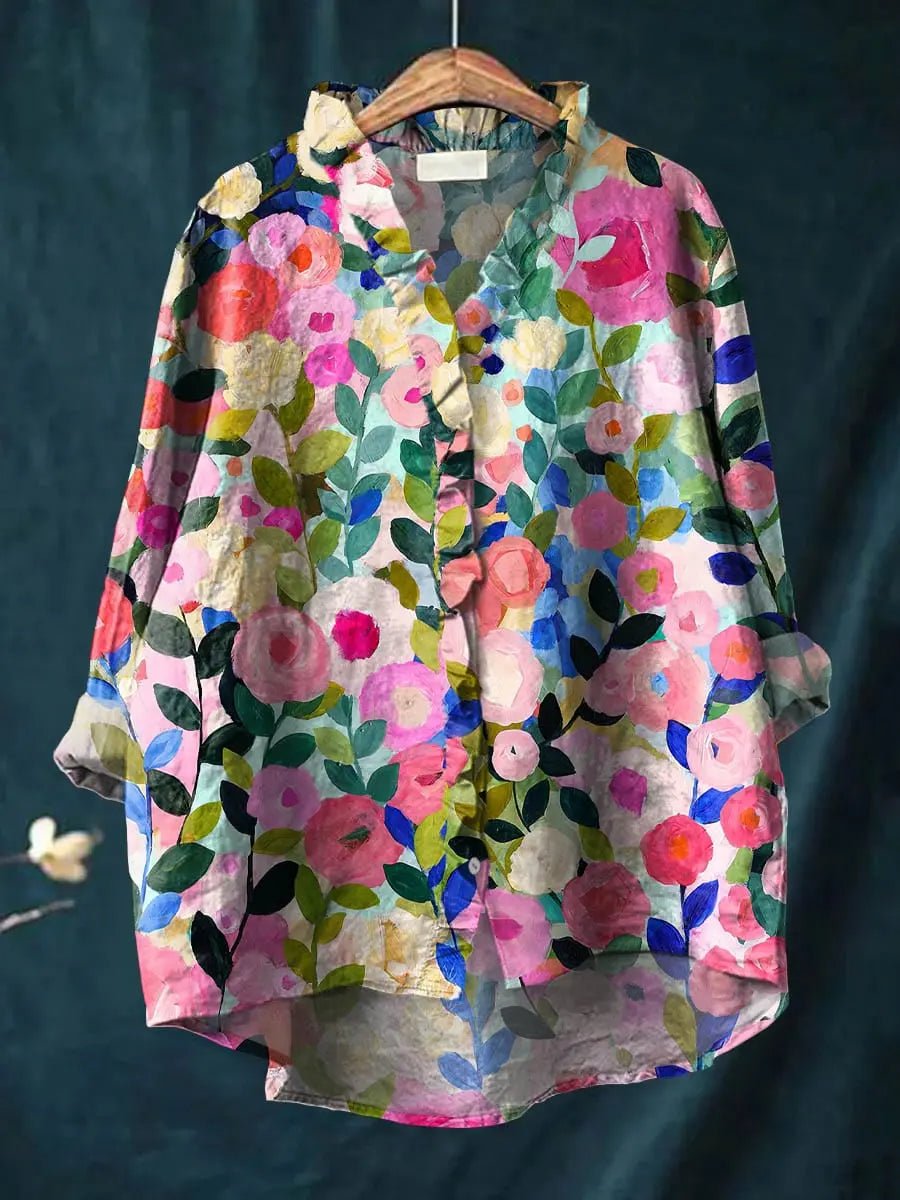 Lydia │ Women's Linen Watercolour Floral Ruffle Neck Long Sleeve Blouse
