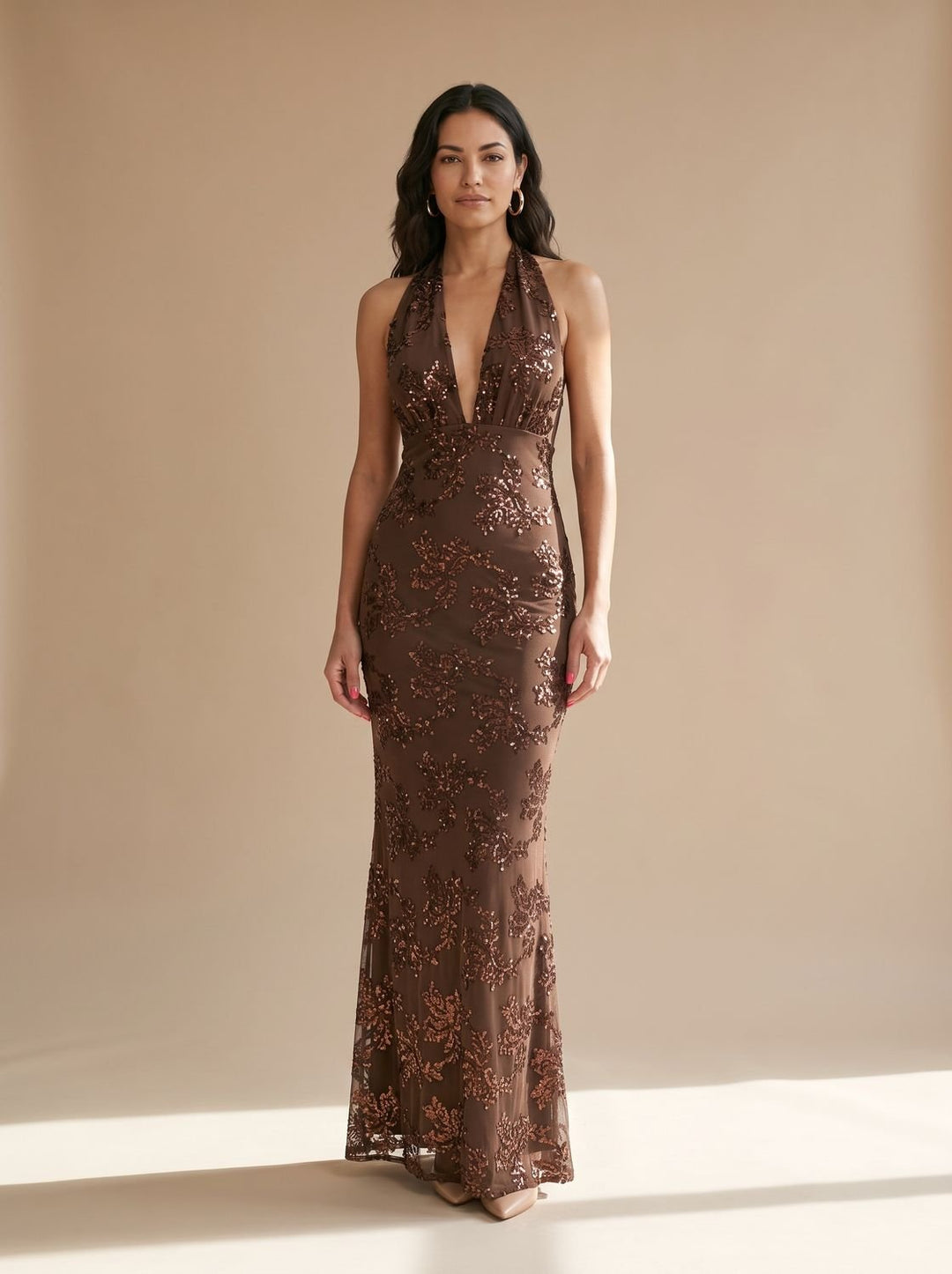 Women's Floral Sequin Maxi Dress Deep V Halter Neck - Brown