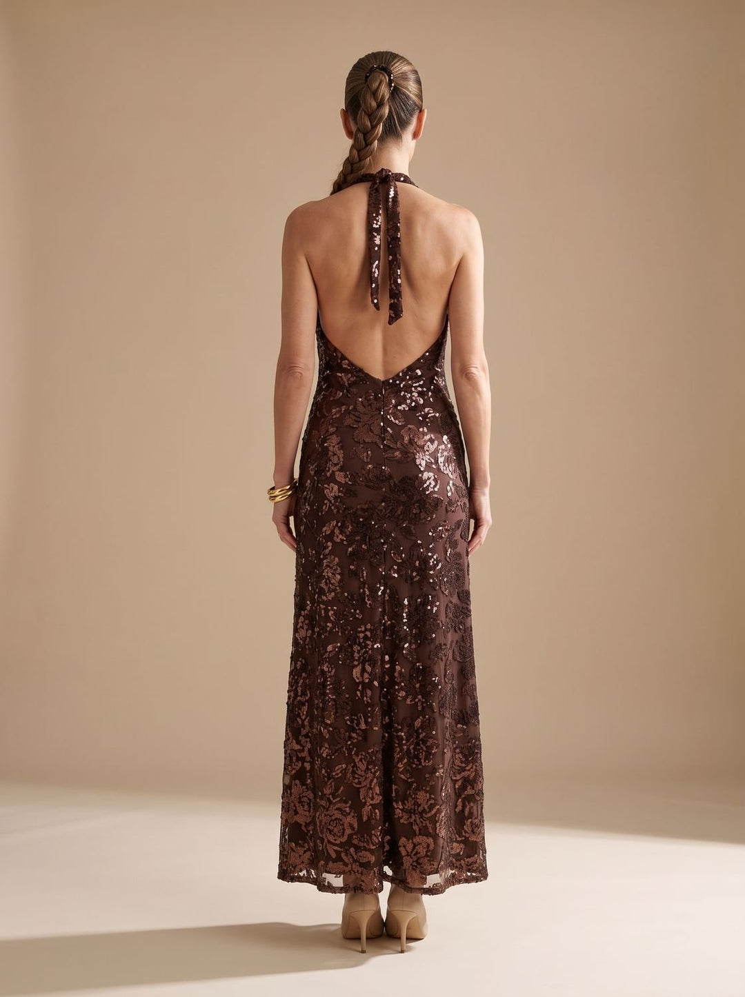 Women's Floral Sequin Maxi Dress Deep V Halter Neck
