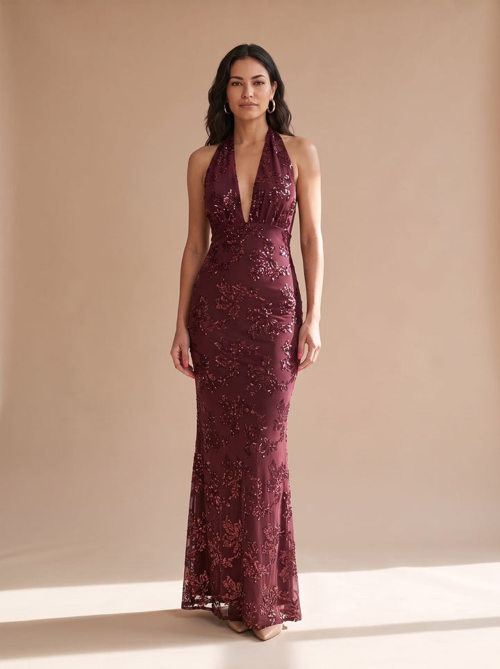 Women's Floral Sequin Maxi Dress Deep V Halter Neck - Red