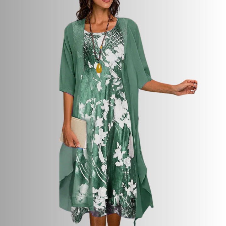 Rosalind │ Women's Floral Print Midi Dress And Open Front Cardigan Two-Piece Set