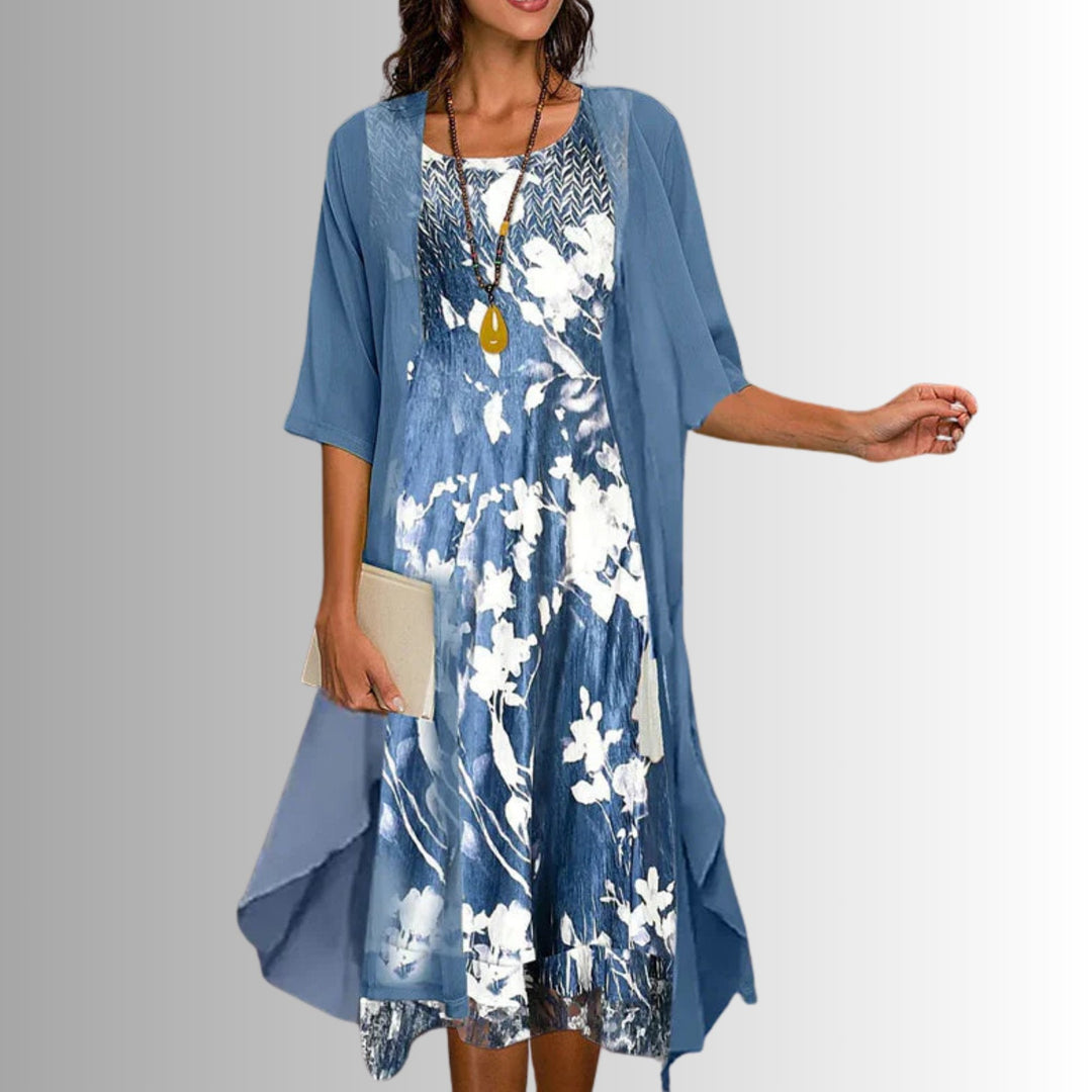 Rosalind │ Women's Floral Print Midi Dress And Open Front Cardigan Two-Piece Set