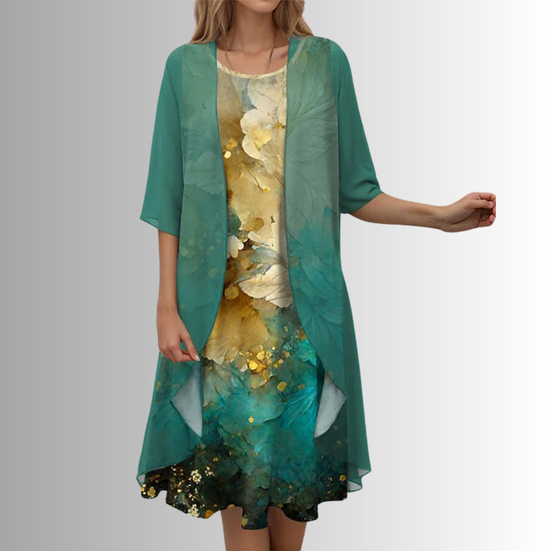 Rosalind │ Women's Floral Print Midi Dress And Open Front Cardigan Two-Piece Set
