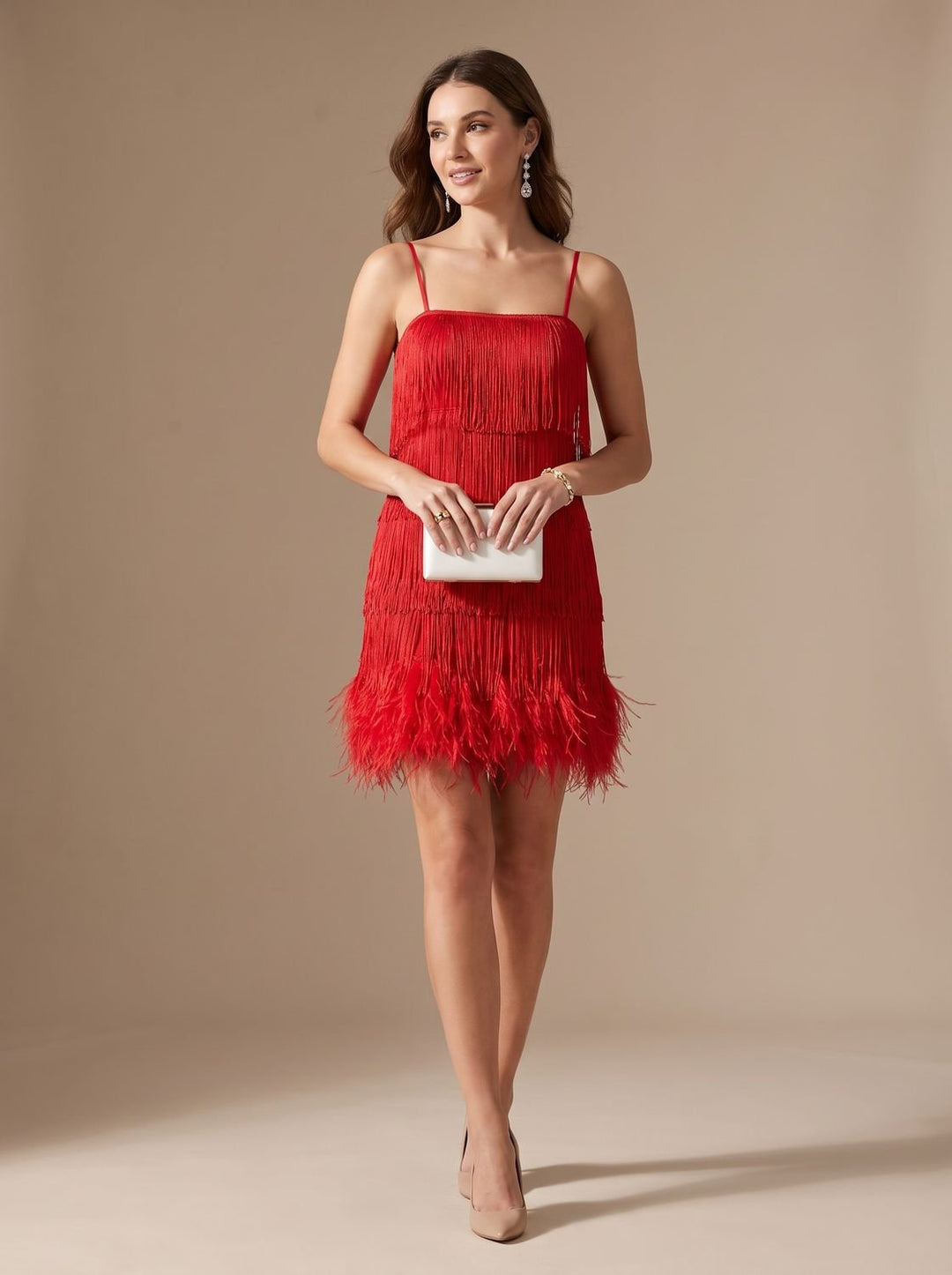 Women's Formal Sequin Mini Dress Feather Trim Spaghetti Strap - Red
