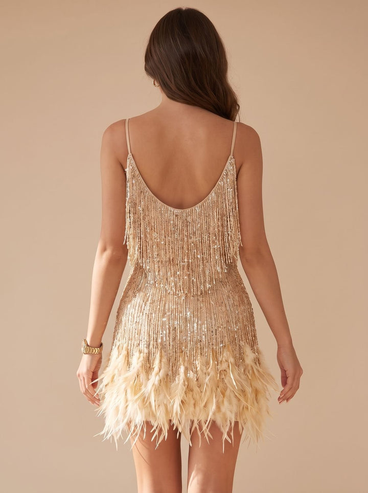 Women's Formal Sequin Mini Dress Feather Trim Spaghetti Strap