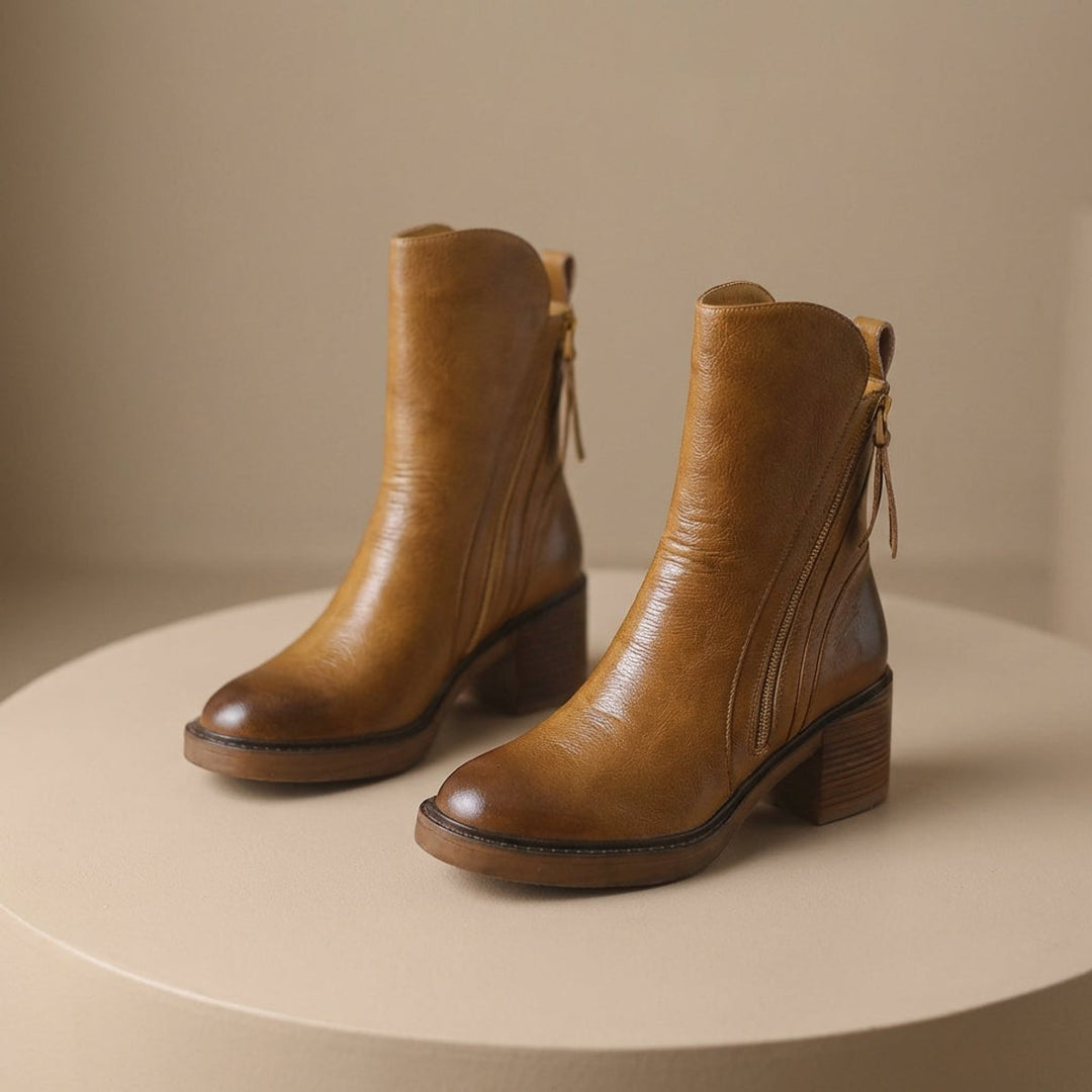 Women's Genuine Leather Side-Zip Black Boots Block Heel