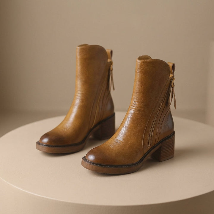 Women's Genuine Leather Side-Zip Black Boots Block Heel