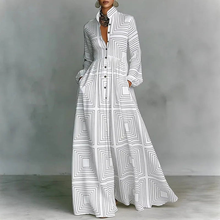 Rose │ Women's Geometric Print Long Sleeve High Waist Maxi Dress