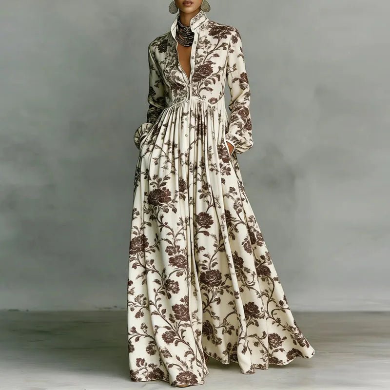Rose │ Women's Geometric Print Long Sleeve High Waist Maxi Dress