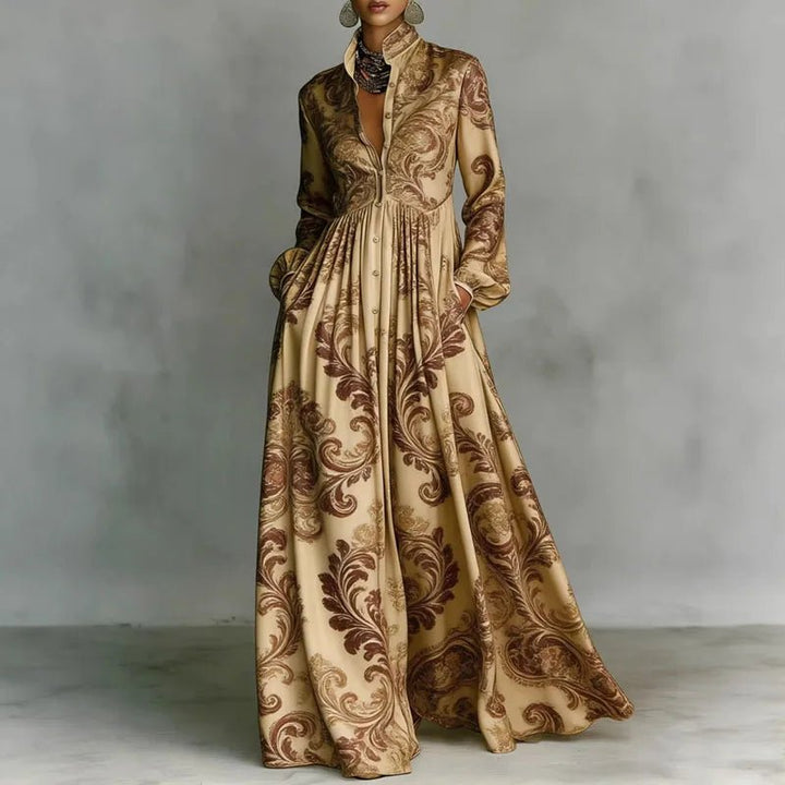 Rose │ Women's Geometric Print Long Sleeve High Waist Maxi Dress