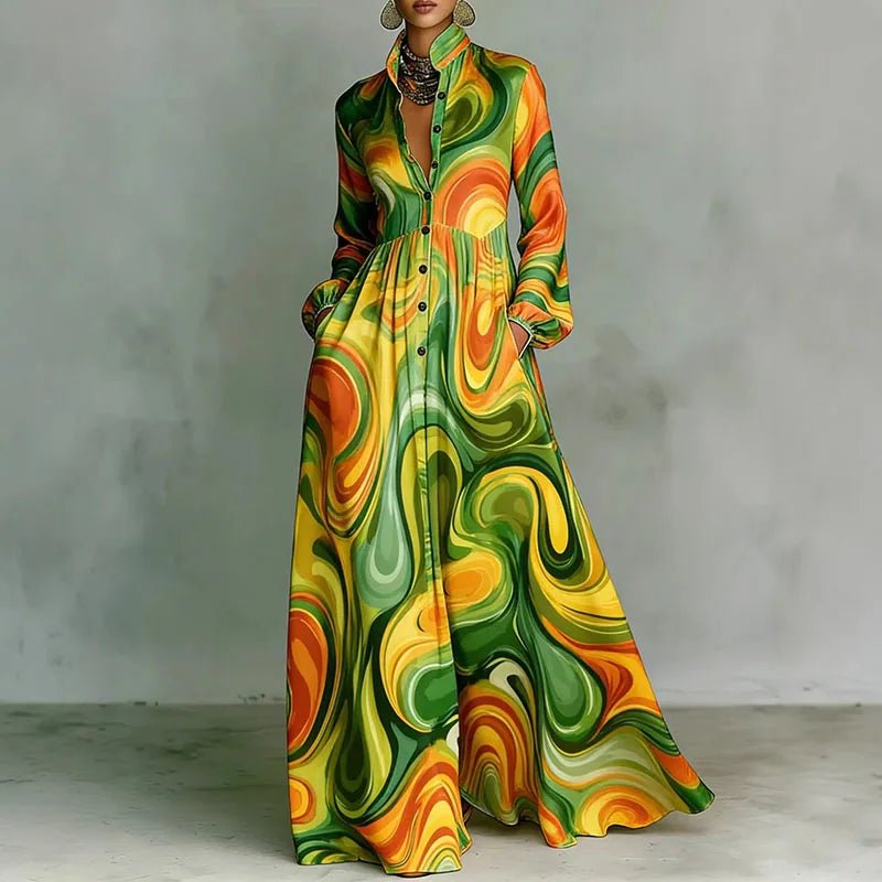 Rose │ Women's Geometric Print Long Sleeve High Waist Maxi Dress