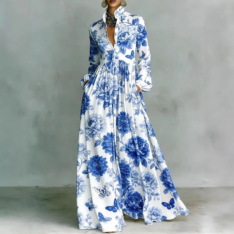Rose │ Women's Geometric Print Long Sleeve High Waist Maxi Dress