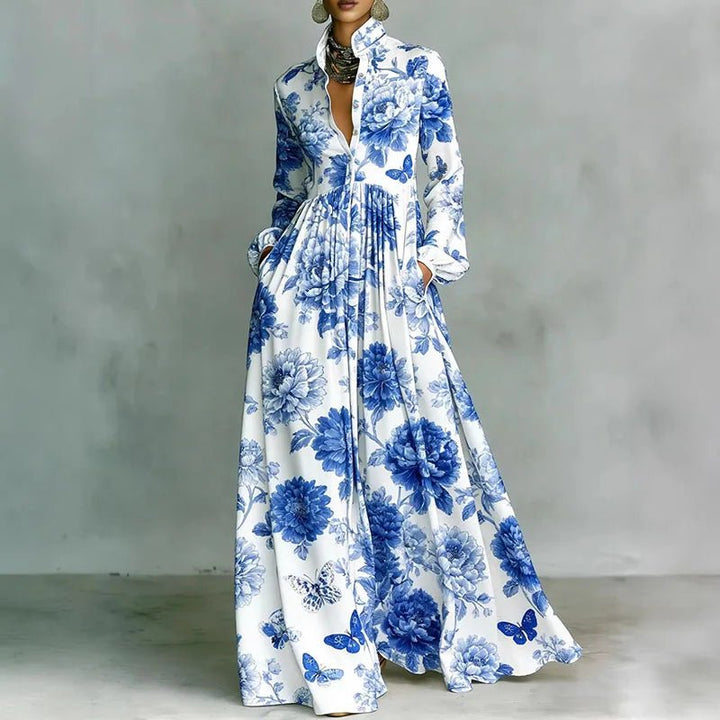 Rose │ Women's Geometric Print Long Sleeve High Waist Maxi Dress