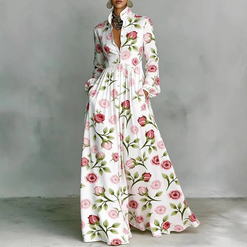 Rose │ Women's Geometric Print Long Sleeve High Waist Maxi Dress