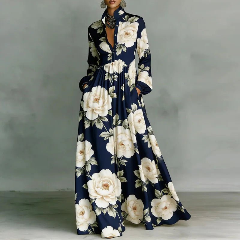 Rose │ Women's Geometric Print Long Sleeve High Waist Maxi Dress