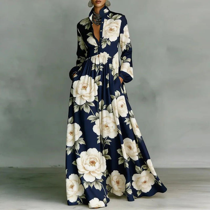Rose │ Women's Geometric Print Long Sleeve High Waist Maxi Dress