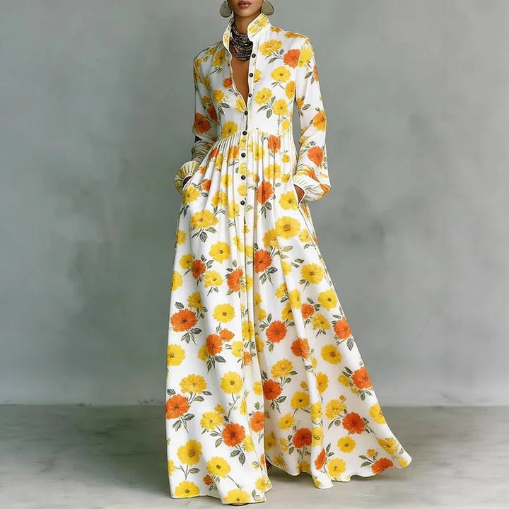 Rose │ Women's Geometric Print Long Sleeve High Waist Maxi Dress