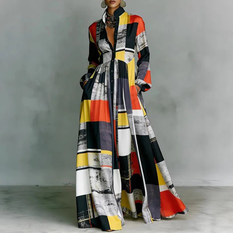 Rose │ Women's Geometric Print Long Sleeve High Waist Maxi Dress
