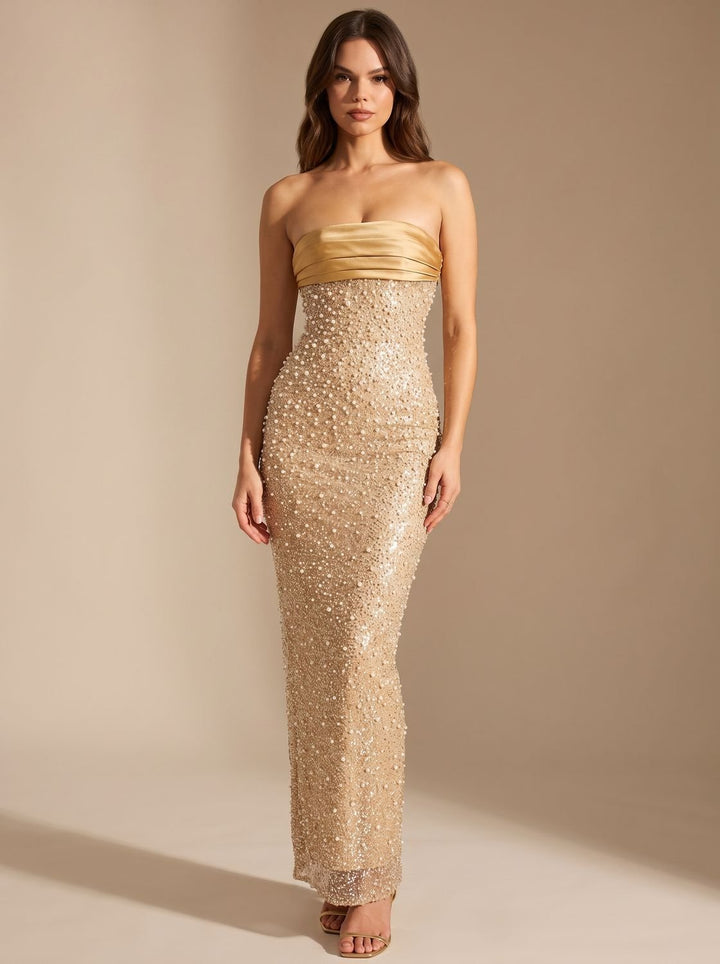 Women's Gold Sequin Strapless Fitted Maxi Dress - Gold