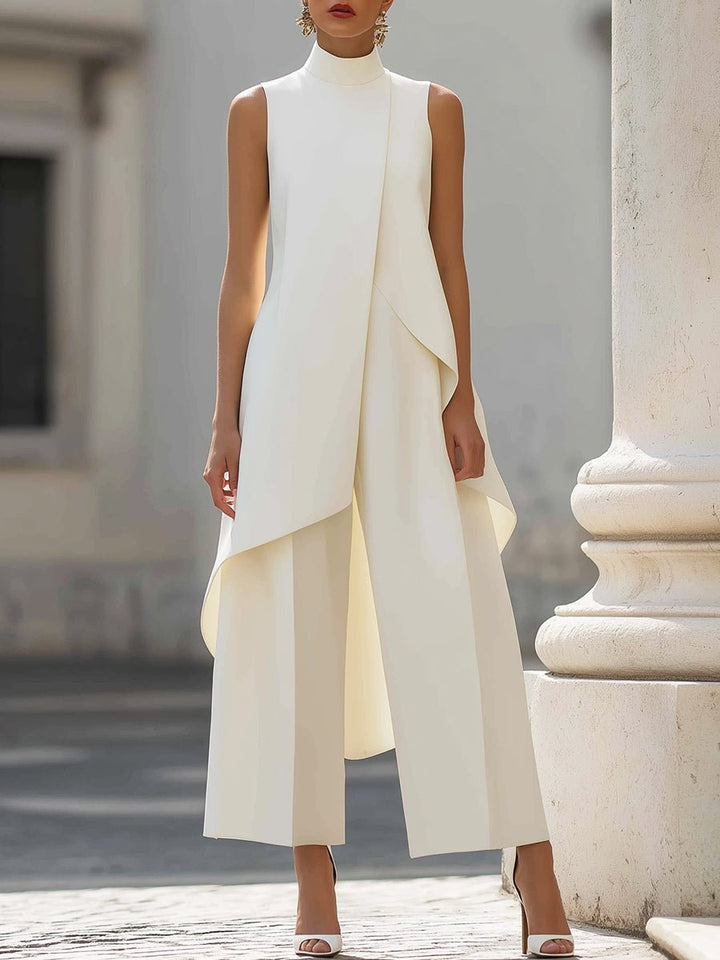 Seraphine │ Women's High Neck Asymmetric Sleeveless Top And Wide-Leg Trousers Set