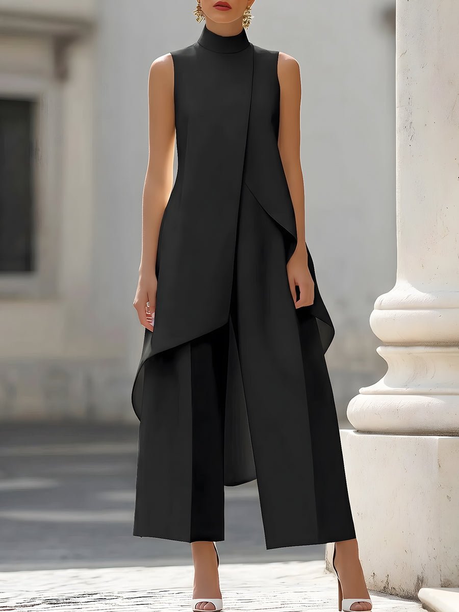 Seraphine │ Women's High Neck Asymmetric Sleeveless Top And Wide-Leg Trousers Set