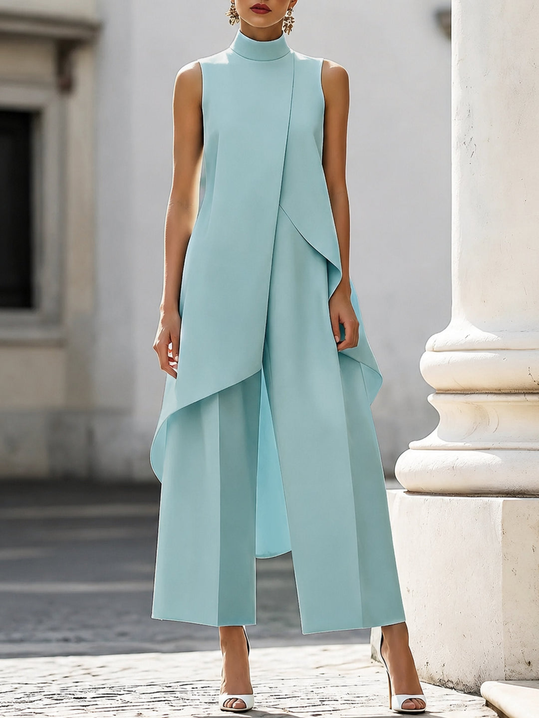 Seraphine │ Women's High Neck Asymmetric Sleeveless Top And Wide-Leg Trousers Set
