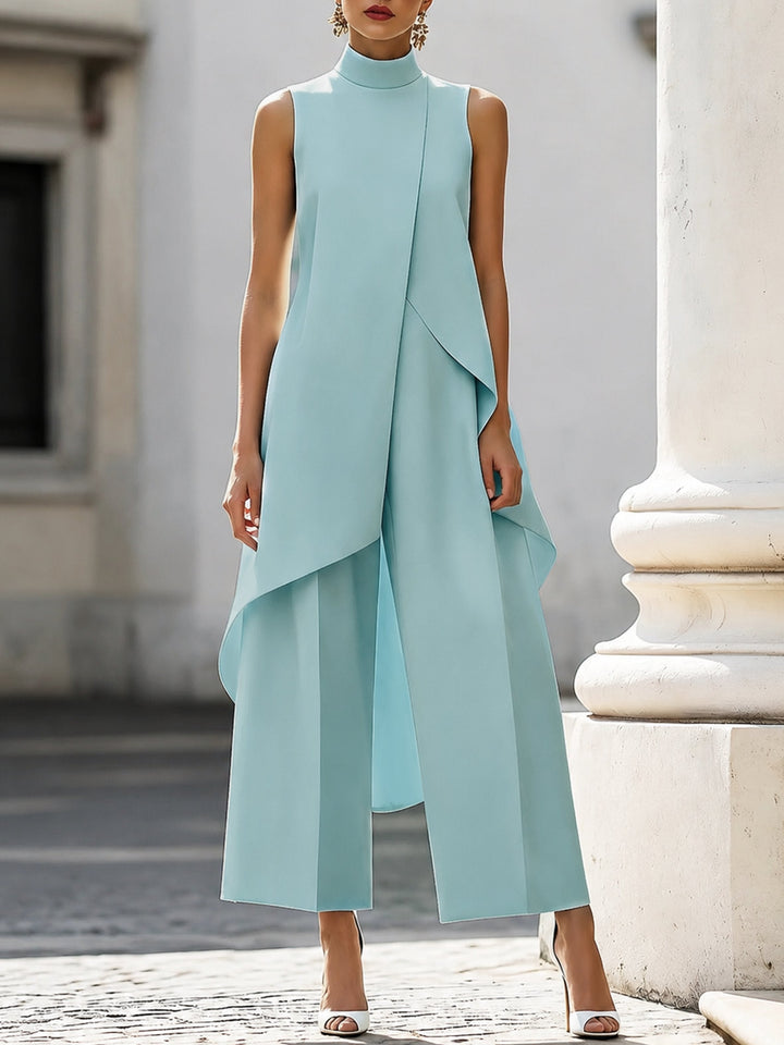 Seraphine │ Women's High Neck Asymmetric Sleeveless Top And Wide-Leg Trousers Set
