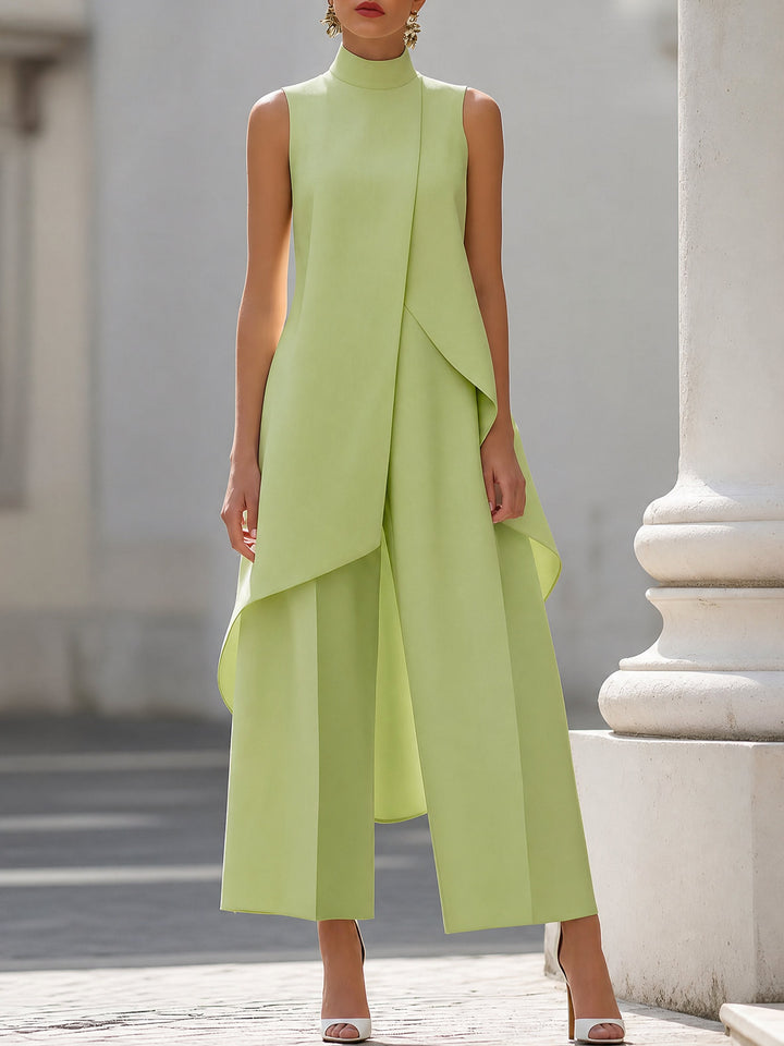 Seraphine │ Women's High Neck Asymmetric Sleeveless Top And Wide-Leg Trousers Set