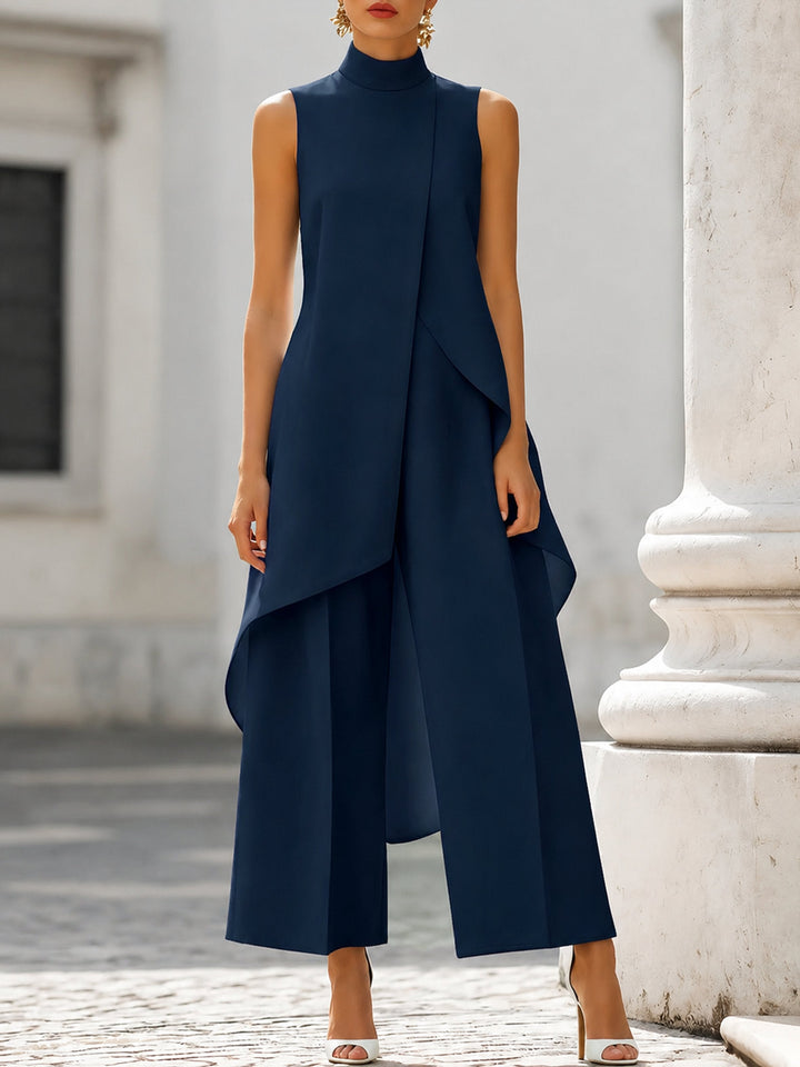 Seraphine │ Women's High Neck Asymmetric Sleeveless Top And Wide-Leg Trousers Set