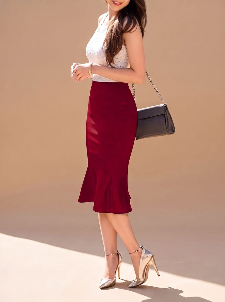 Women's High-Waist Fishtail Midi Pencil Skirt - Burgundy
