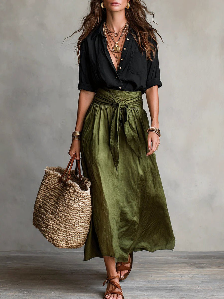 Celestine │ Women's Button-Up Shirt And High-Waist Tie Maxi Skirt Two-Piece Set