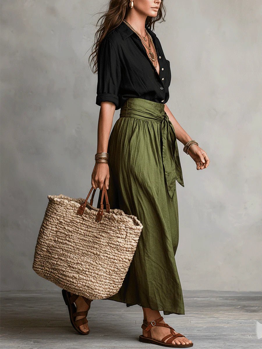 Celestine │ Women's Button-Up Shirt And High-Waist Tie Maxi Skirt Two-Piece Set