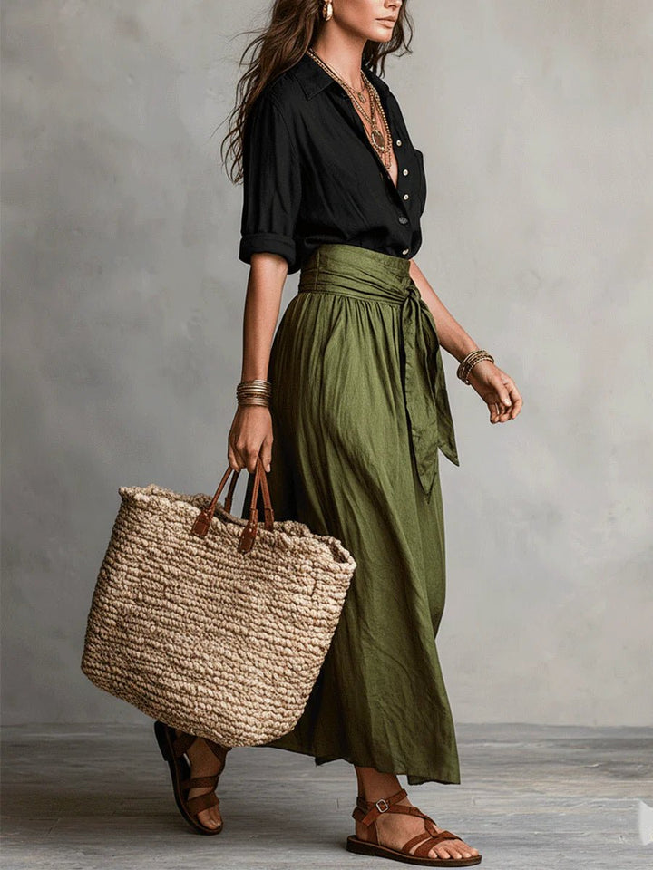 Celestine │ Women's Button-Up Shirt And High-Waist Tie Maxi Skirt Two-Piece Set