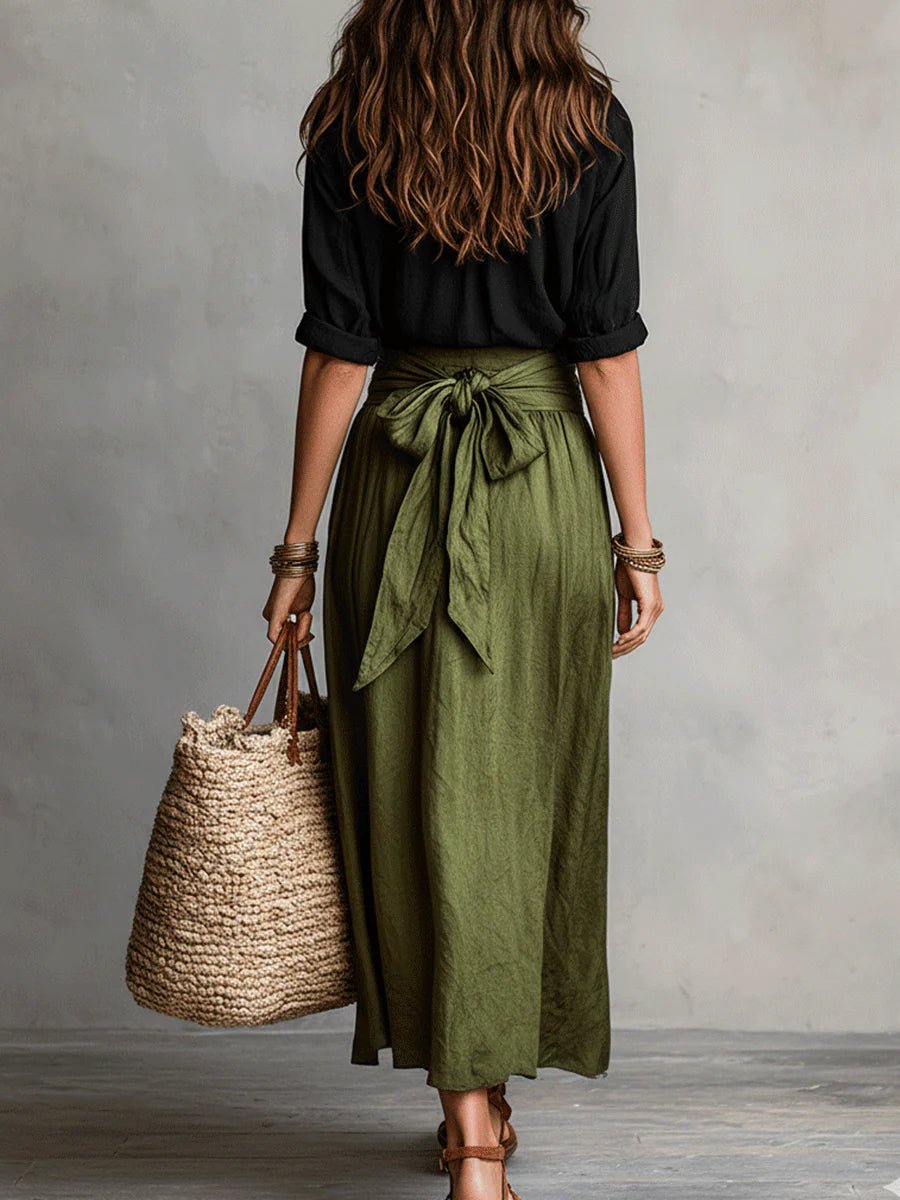 Celestine │ Women's Button-Up Shirt And High-Waist Tie Maxi Skirt Two-Piece Set